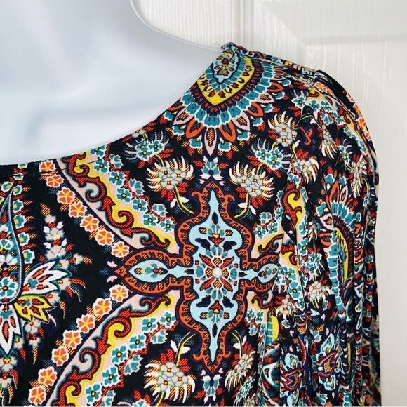 Love FIRE Pleated Wide Arm Shift Dress Mediterranean Stain Glass Print Multi M - Picture 6 of 10